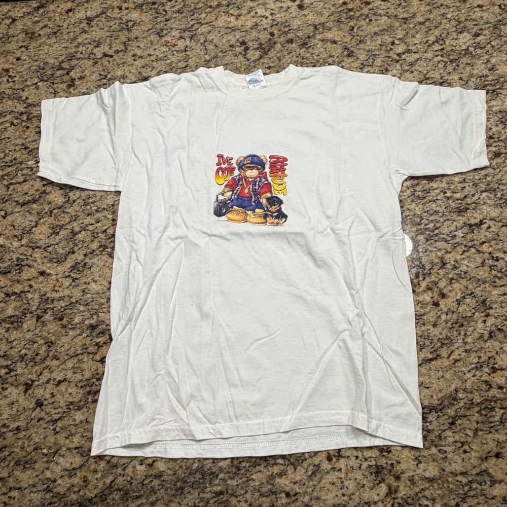 Gildan Youth XL White I've Got Attitude Bear Graphic T-Shirt Short Sleeve Tee v